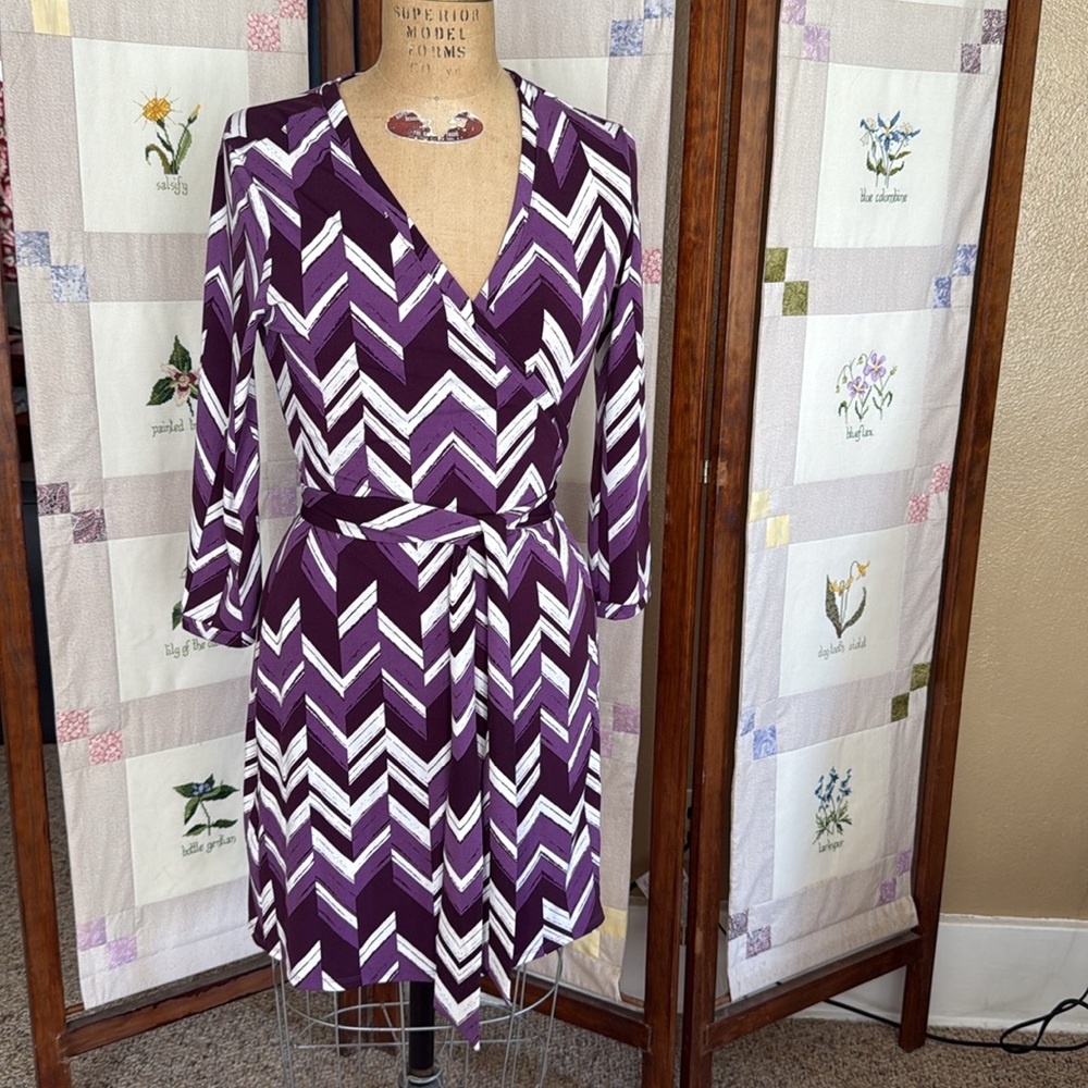Retro Y2K wrap dress, purple and white chevron motif